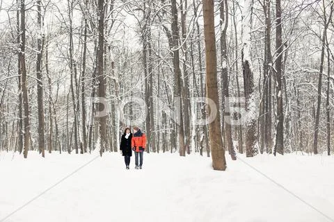 Winter Couple Walking Outdoor