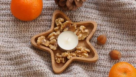 Winter cozy environment flat lay orange mandarins Stock Photos