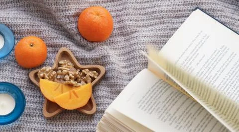 Winter cozy environment flat lay orange mandarins Stock Photos