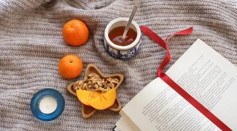 Winter cozy environment flat lay orange mandarins Stock Photos