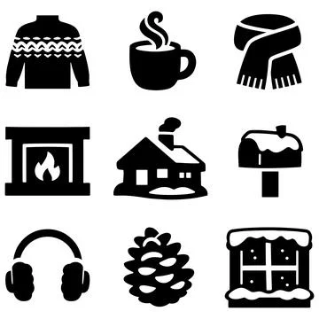 Winter Cozy Icon Set with Sweater Hot Drink Scarf Fireplace Cabin and Snowy.. 스톡 일러스트