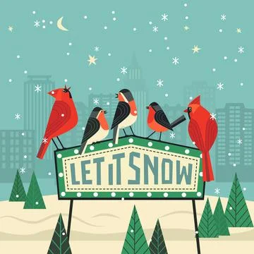Winter Cute Backyard Birds sitting in snowy park Stock Illustration