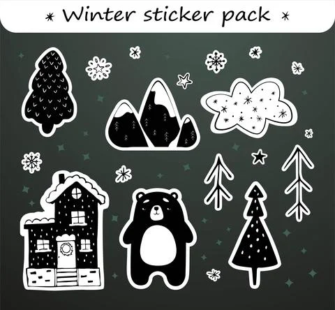Winter cute sticker pack with outline in black and white colors. Stock Illustration