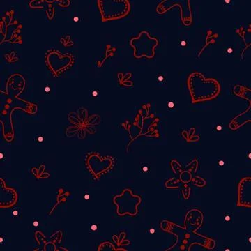Winter dark background with gingerbread. Red and blue. Seamless pattern. Vect Stock Illustration