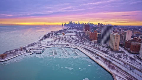 Winter dawn aerial of Chicago’s iconic Loop captured by drone. Stock Footage 332130698