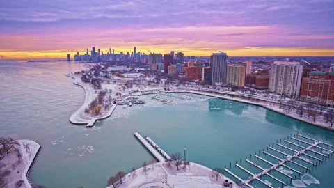Winter dawn drone footage drifting through Chicago’s Loop skyline. Stock Footage 332143404