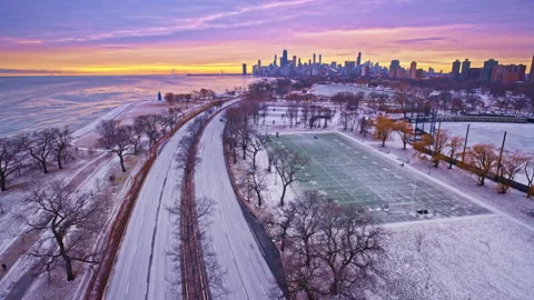 Winter dawn drone footage showcasing Chicago’s Loop architecture. Stock Footage 332146405