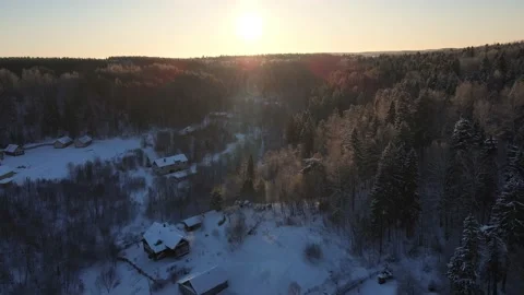 Winter dawn over the forest and the village Stock Footage 232714672