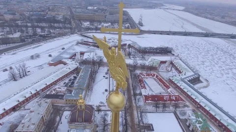 Winter day flight over Peter and Paul Fortress citadel. Russia winter. Aerial Video stock 72484736