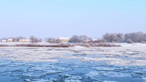 Winter day. Ice drift on a wide river Neman Stock Footage 236542043