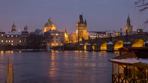 Winter day to night sunset time lapse view of the cityscape of Prague Stock Footage 266131403