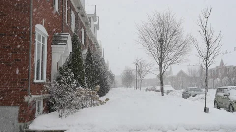 Winter day snowfall street view Stock Footage 149384849