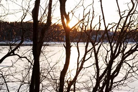 Winter day on the Ume River when the sun is setting on the horizon Stock Photos