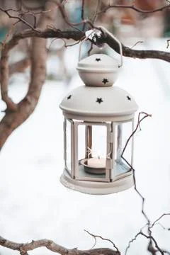 Winter Deco Lantern on snow background Foto stock