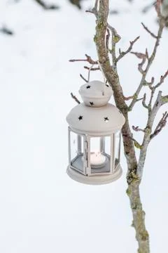 Winter Deco Lantern on snow background Foto stock