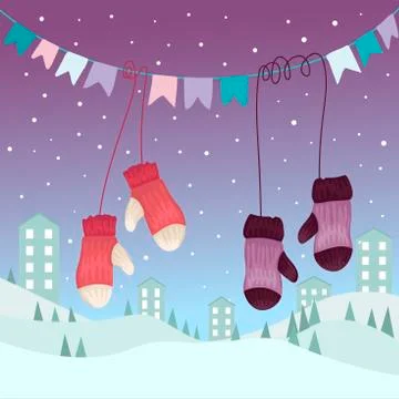 Winter decor of the yard, tags and mittens on the street, the city against the Stock Illustration