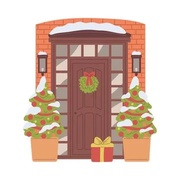 Winter decorated door, flat vector illustration on white background Ilustración de archivo