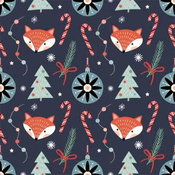 Winter decorative seamless pattern with cute foxes Stock Illustration