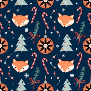 Winter decorative seamless pattern with cute foxes Stock Illustration