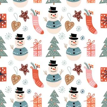Winter decorative seamless pattern with snowmen Stock Illustration