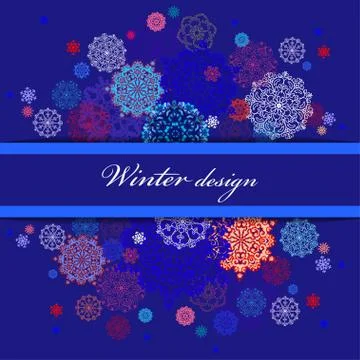 Winter design with red and blue snowflakes on dark background. Stock Illustration
