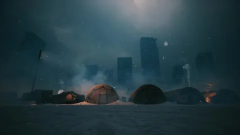 Winter Disaster Relief Camp at Night Stock Footage 344864767