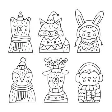 Winter doodle animals Stock Illustration