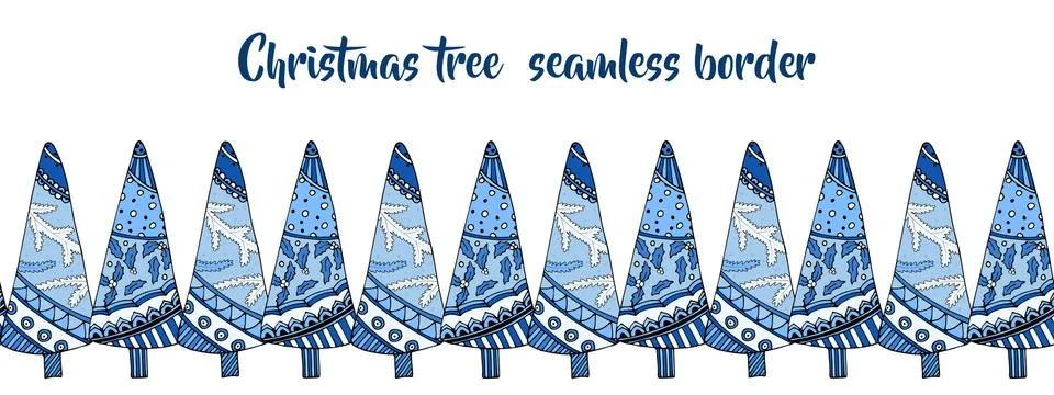 Winter doodle christmas tree vector seamless border Stock Illustration