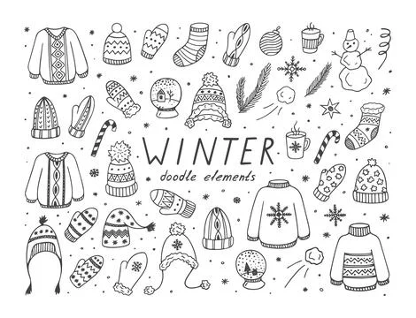 Winter doodle elements on white background. Illustrazione stock