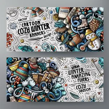 Winter Doodle Horizontal Banner Collection with Seasonal Objects Stock Illustration