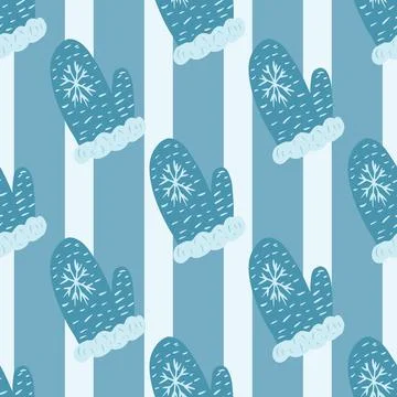 Winter doodle mittnes seamless simple pattern. Blue colored striped backgroun Stock Illustration