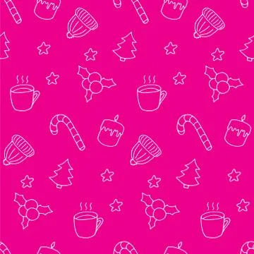 Winter doodle seamless pattern. White elements on pink board Stock Illustration