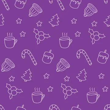 Winter doodle seamless pattern. White elements on purple. Cute hand drawn print Stock Illustration