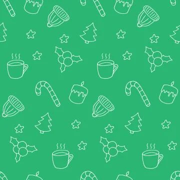 Winter doodle seamless pattern. White elements on green. Cute hand drawn print Stock Illustration