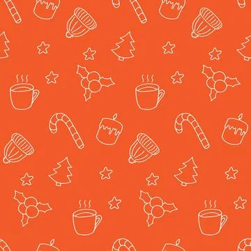 Winter doodle seamless pattern. White elements on orange. Cute hand drawn pri Stock Illustration