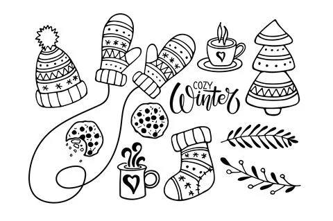 Winter doodle set. Cozy Winter text and warm clothes, hot drinks and cookies Illustrazione stock