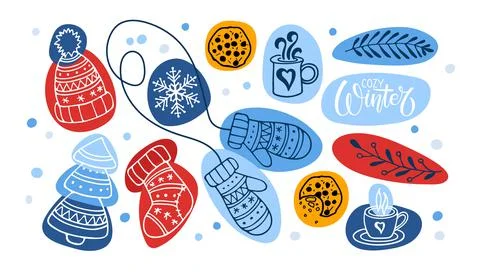 Winter doodle set. Cozy Winter text and Warm knitted accessories, Christmas tree Stock Illustration