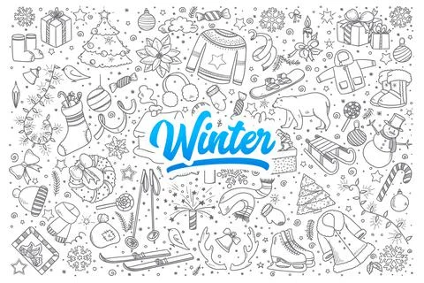 Winter doodle set with lettering Stock Illustration
