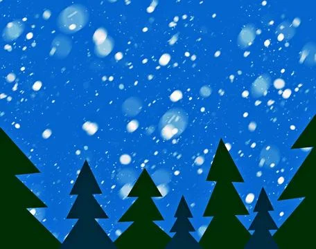Winter drawing, fir trees with falling snow at night Stock Illustration