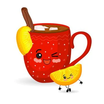 Winter drinks. Cartoon cup. Tea with lemon. Chocolate with marshmallows. Char Stock Illustration
