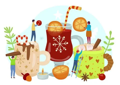 Winter drinks, huge coffee and tea in cups, tiny people. Hot mug with lemon b Stock Illustration