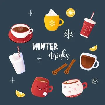 Winter drinks, tea, coffee, set, clip art, mulled wine, mursmallow and lett.. Stock Illustration