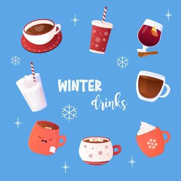 Winter drinks, tea, coffee, set, clip art, mulled wine, mursmallow and lett.. Stock Illustration