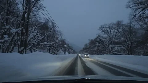 Winter driving straight forest road with oncoming traffic POV Video stock 333091627
