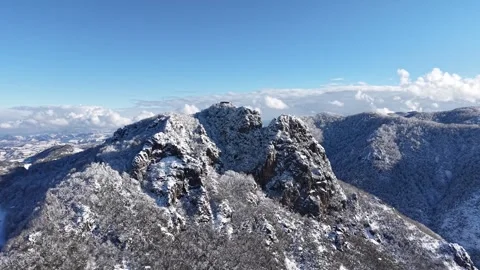 Winter Drone Flyover Rising Up To Snow Covered Mountains and Clouds Stock-Footage 335147149
