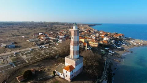 Winter Drone Orbit of Shabla Lighthouse and Fishing Village, 2019 Stock Footage 322787978
