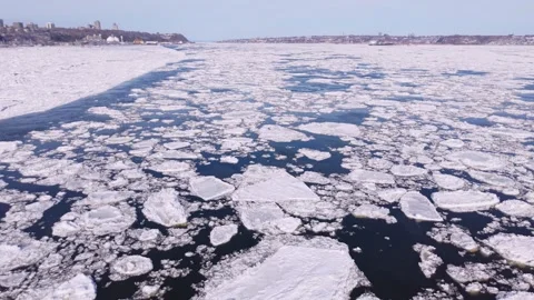 Winter drone panorama over icy river landscape Stock Footage 330315219