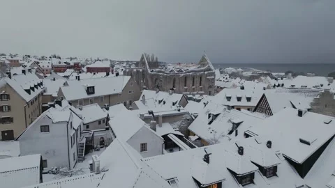 Winter Drone Pullback from St Karins Ruin Over Visby Old Town Stock Footage 330028025