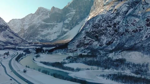 Winter Drone Shot of Troll Wall Trollveggen and Romsdalen Valley, Norway Stock Footage 315798027