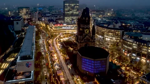 Winter dusk timelapse view of the Kaiser Wilhelm Memorial Church Stock Footage 266126281